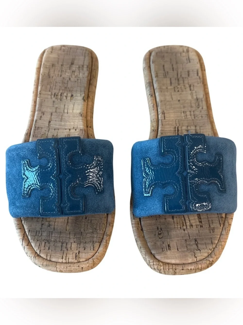 Tory Burch Blue‎ Suede Cork Slide Sandals Double T Logo Patent Sz 7.5